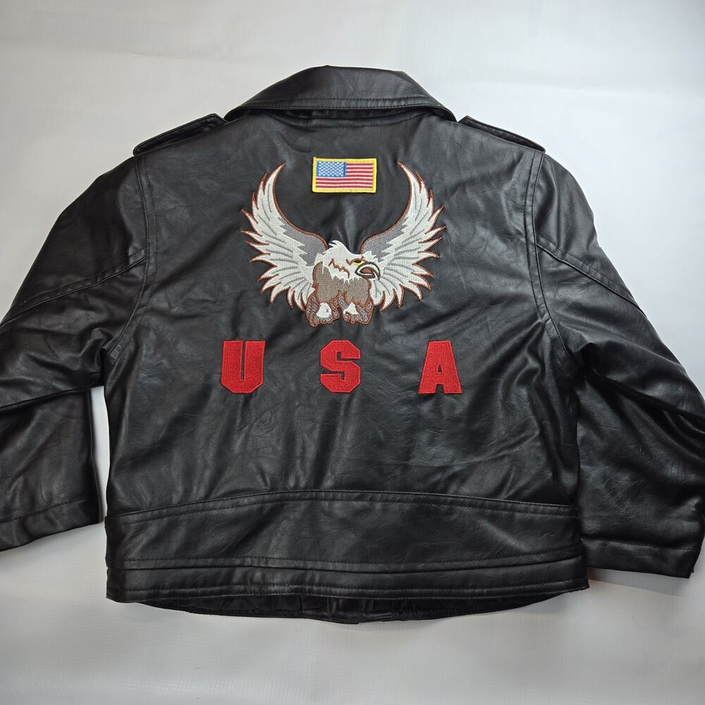 Habitat Outdoor 7T Black Faux Leather Motorcycle Jacket Full Zip Belted Eagle